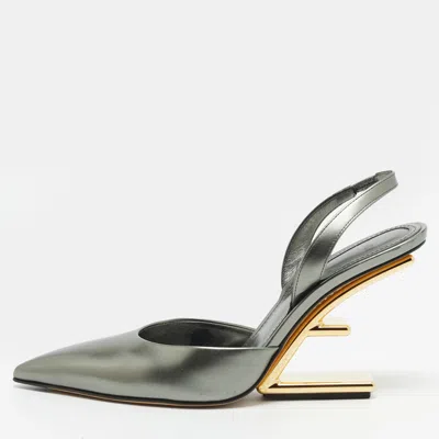 Pre-owned Fendi First Size 37.5 Metallic Leather Slingback Pumps In Silver