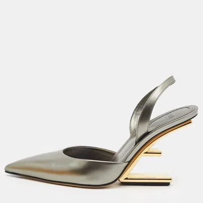 Pre-owned Fendi First Size 37.5 Metallic Leather Slingback Wedge Pumps In Silver