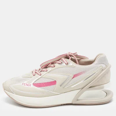 Pre-owned Fendi First Size 38 Tricolor Leather And Mesh Lace Up Sneakers In Beige