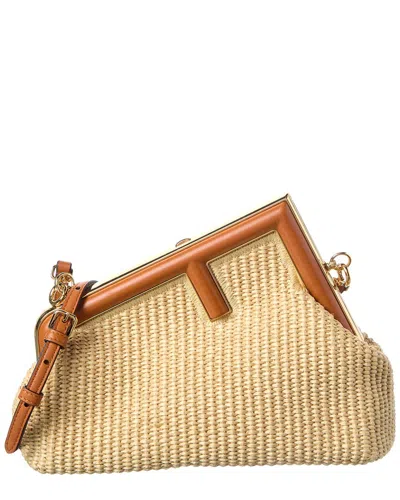 Fendi First Small Straw & Leather Shoulder Bag