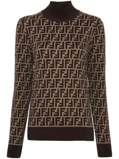 Fendi Fitted High Neck Ff Motif Cotton Sweater In Brown