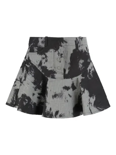 Fendi Ff Denim Skirt With Frosted Fauna Motif In Black