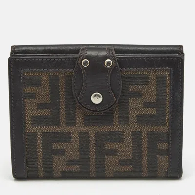 Pre-owned Fendi Flap Tobacco Zucca Canvas And Leather French Wallet In Brown