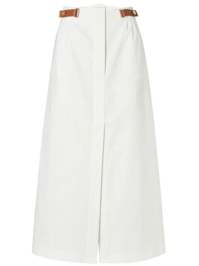 Fendi Flared Linen Midi Skirt With Side Pockets, Pleated Waist & Central Slits In White