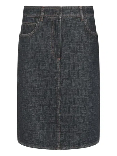 FENDI FLARED MIDI DENIM SKIRT WITH ALL-OVER QUILTED FF MOTIF