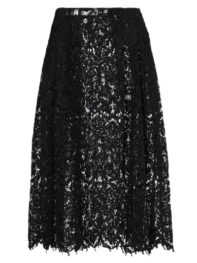 Fendi Flared Midi Skirt With Pleated Sides In Macramé Lace In Nero