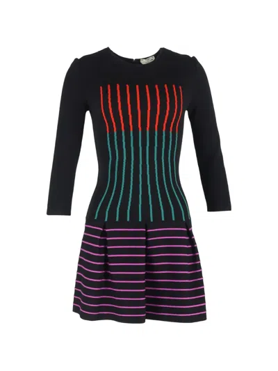 Pre-owned Fendi Flared Striped Mini Dress In Black
