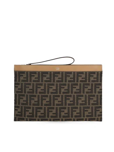 Fendi Flat Pouch In Hrm Tobacco Moro Sand