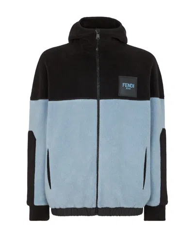 FENDI FENDI FLEECE LOGO PATCH ZIPPED HOODIE