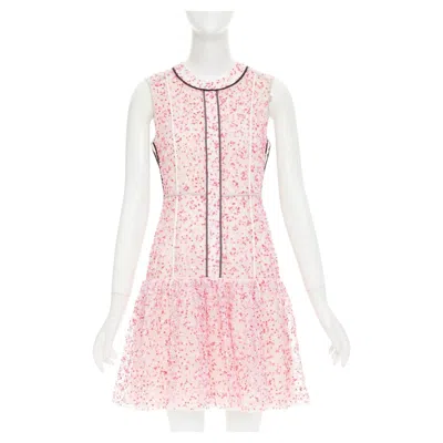 Pre-owned Fendi Flocked Blossom Pink Sheer Black Trim Drop Waist Mini Dress It42 M