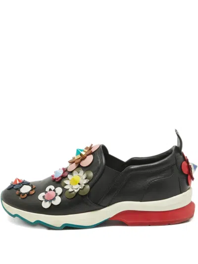 Pre-owned Fendi Floral-appliqué Leather Sneakers
