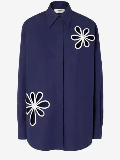 Fendi Floral Embroidered Cotton Poplin Shirt In Blue