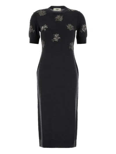 Fendi Wool Dress With Embroidered Ribbed Hem And Short Sleeves In Grey
