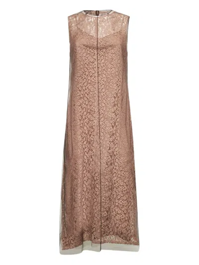 Fendi Floral-lace Double-layer Maxi Dress In Brown