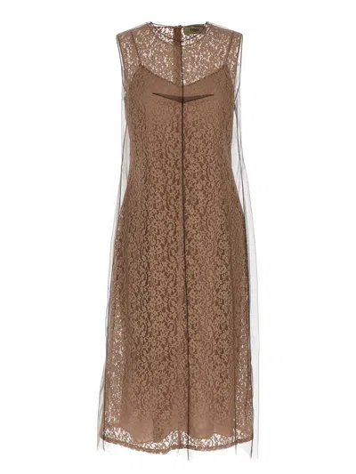 Fendi Beige Sleeveless Crewneck Dress With Floral Embroidery In Lace Woman