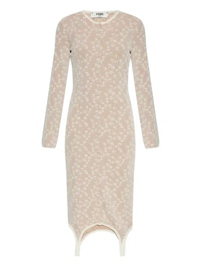 Fendi Embroidered Cotton Blend Dress In Brown