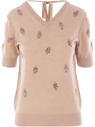 FENDI FENDI FLORAL MOTIF EMBROIDERED WOOL CROPPED JUMPER CLOTHING