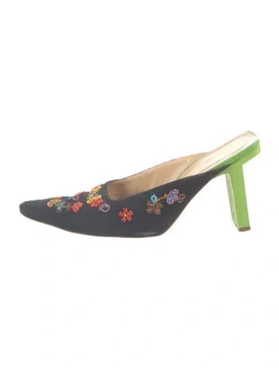 Pre-owned Fendi Floral Print Beaded Accents Mules In Blue