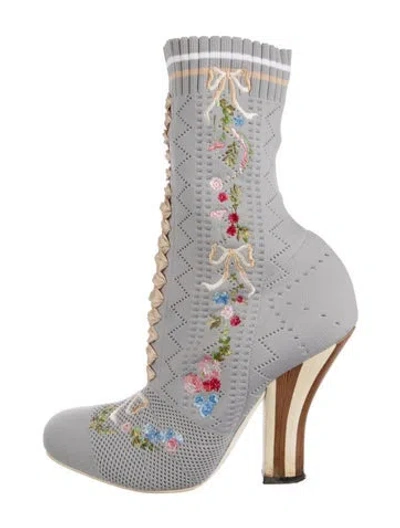 Pre-owned Fendi Floral Print Embroidered Accent Sock Boots In Grey