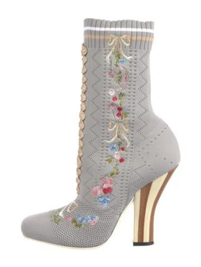 Pre-owned Fendi Floral Print Embroidered Accent Sock Boots In Grey