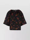 Fendi Floral Print Linen Top With Wide Sleeves In Black