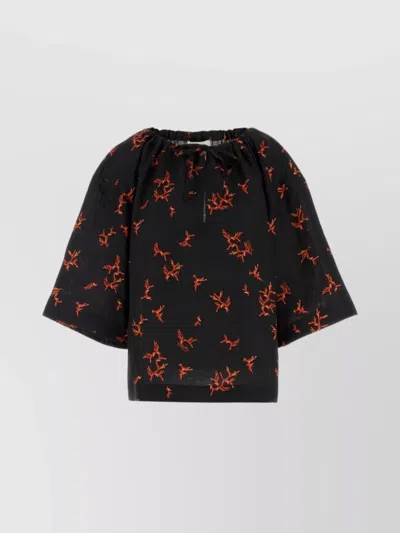 FENDI FLORAL PRINT LINEN TOP WITH WIDE SLEEVES