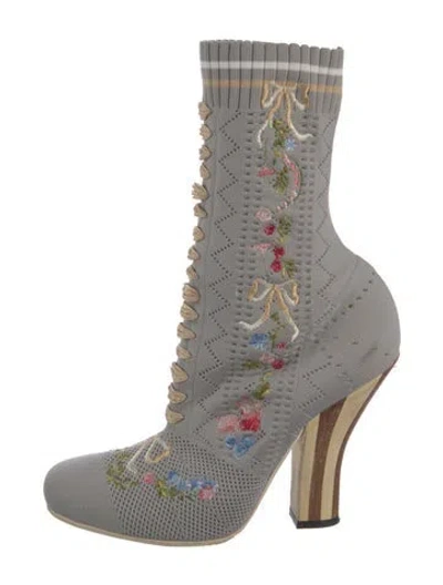 Pre-owned Fendi Floral Print Mesh Accents Boots In Grey