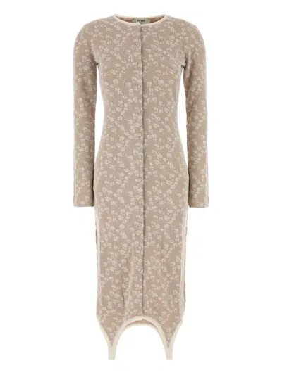 Fendi Embroidered Flowers Cotton Blend Dress In Neutral