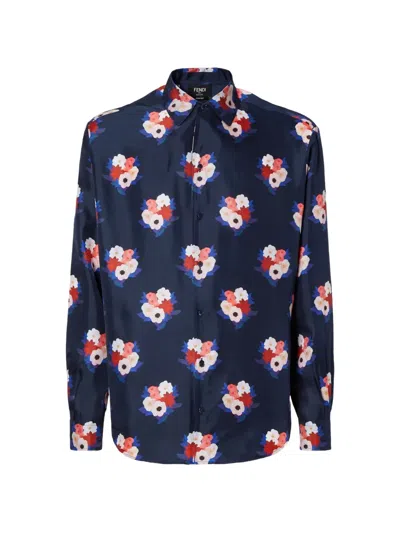 Fendi Silk Shirt Long Sleeves Floral Pattern In Blue