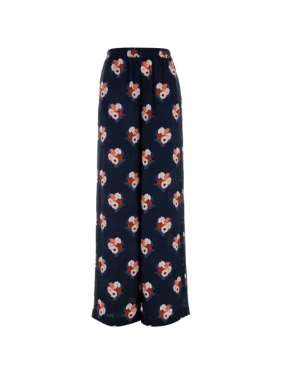 Fendi Silk Wide Leg Trousers Floral Motif In Blue