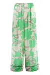 FENDI FLORAL PRINT SILK TROUSERS WITH CONTRAST PIPING