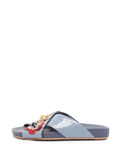 Pre-owned Fendi Floral-appliqué Patent-leather Flat Sandals In Blue