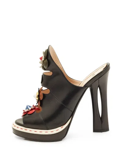 Pre-owned Fendi Floral-appliqué Sandals In Black