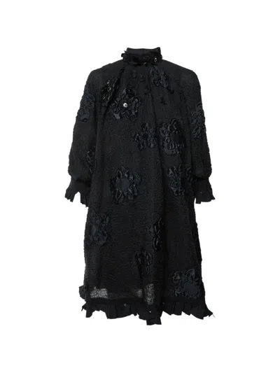 Pre-owned Fendi Floral-appliqué Textured Dress In Black