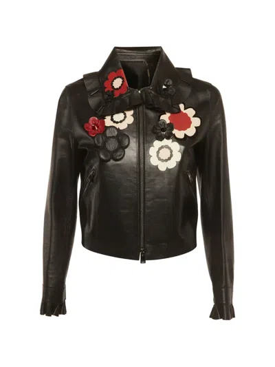Pre-owned Fendi Floral-embellished Leather Jacket In Black