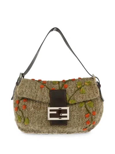 Pre-owned Fendi Floral-embroidered Baguette Shoulder Bag In Neutral