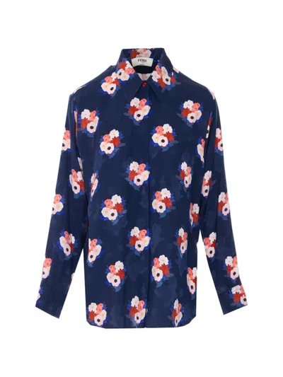 Fendi Floral-print Long-sleeve Shirt In Blue