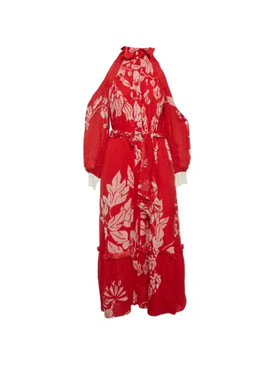 Pre-owned Fendi Floral-print Mock-neck Maxi Dress In Red