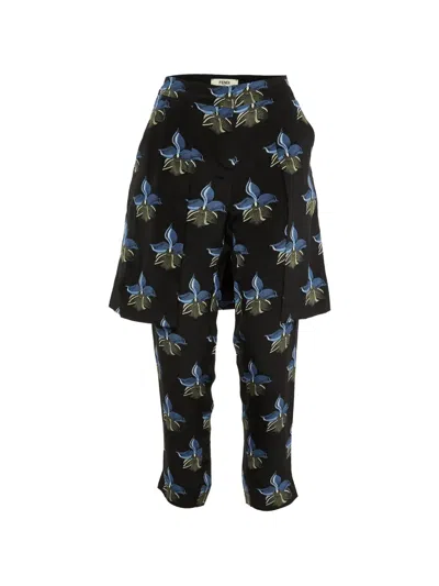 Pre-owned Fendi Floral-print Silk-overlay Trousers In Black