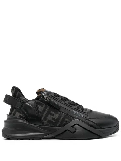 Fendi Men Leather Flow Sneakers With Ff Jacquard Fabric Inserts In Black