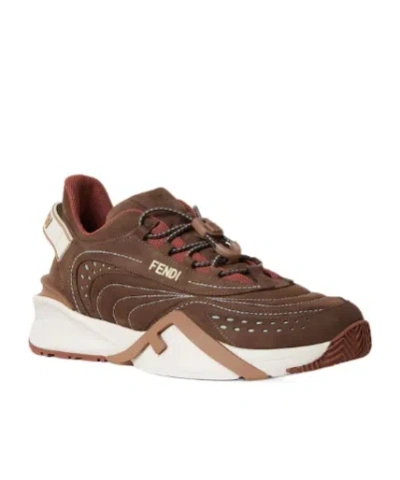 Fendi Flow Brown Mesh And Nubuck Leather Low Tops