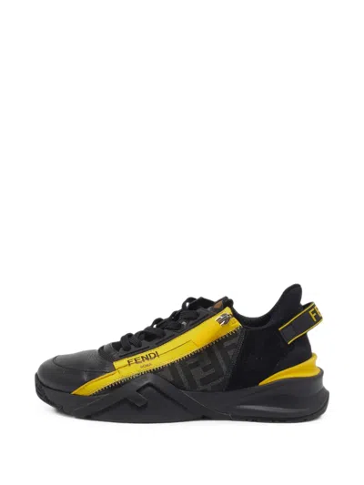 Pre-owned Fendi Flow Ff Leather-trim Low-top Sneakers In Black