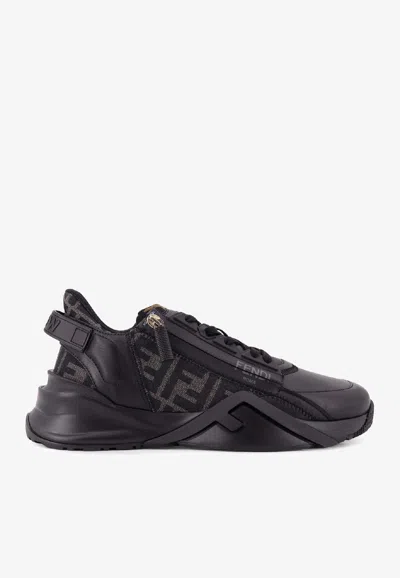 Fendi Men Leather Flow Sneakers With Ff Jacquard Fabric Inserts In Black