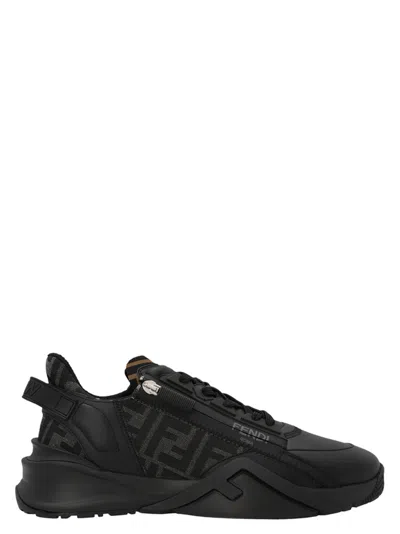 Fendi Men Leather Flow Sneakers With Ff Jacquard Fabric Inserts In Black