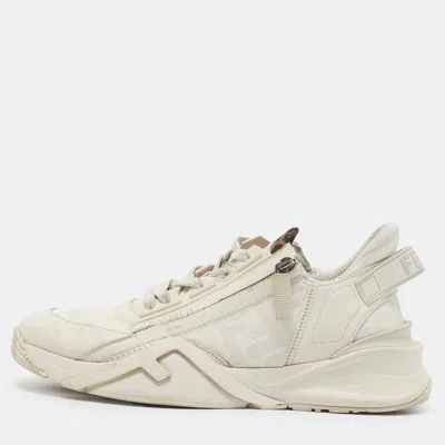 Pre-owned Fendi Flow Size 39 Cream Ff Canvas And Leather Low Top Sneakers In White