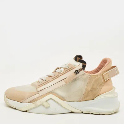 Pre-owned Fendi Flow Size 39.5 Beige/white Fabric And Suede Lace Up Sneakers In Sand