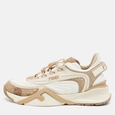 Pre-owned Fendi Flow Size 40 Brown/cream Fabric And Suede Lace Up Sneakers