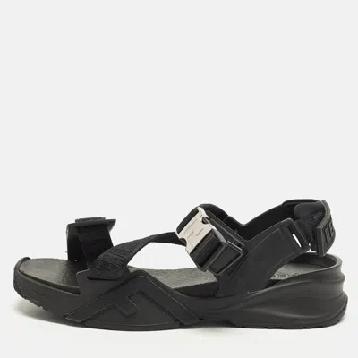 Pre-owned Fendi Flow Size 42.5 Black Canvas And Rubber Flat Sandals