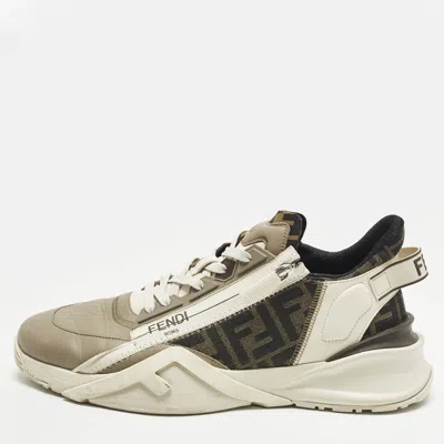 Pre-owned Fendi Flow Size 45 Cream Fabric And Suede Lace Up Sneakers In White