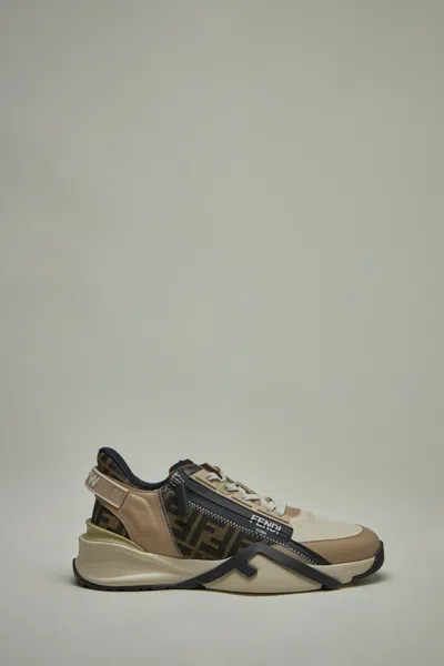 Fendi Beige Leather Sneakers With Ff Motif In Brown